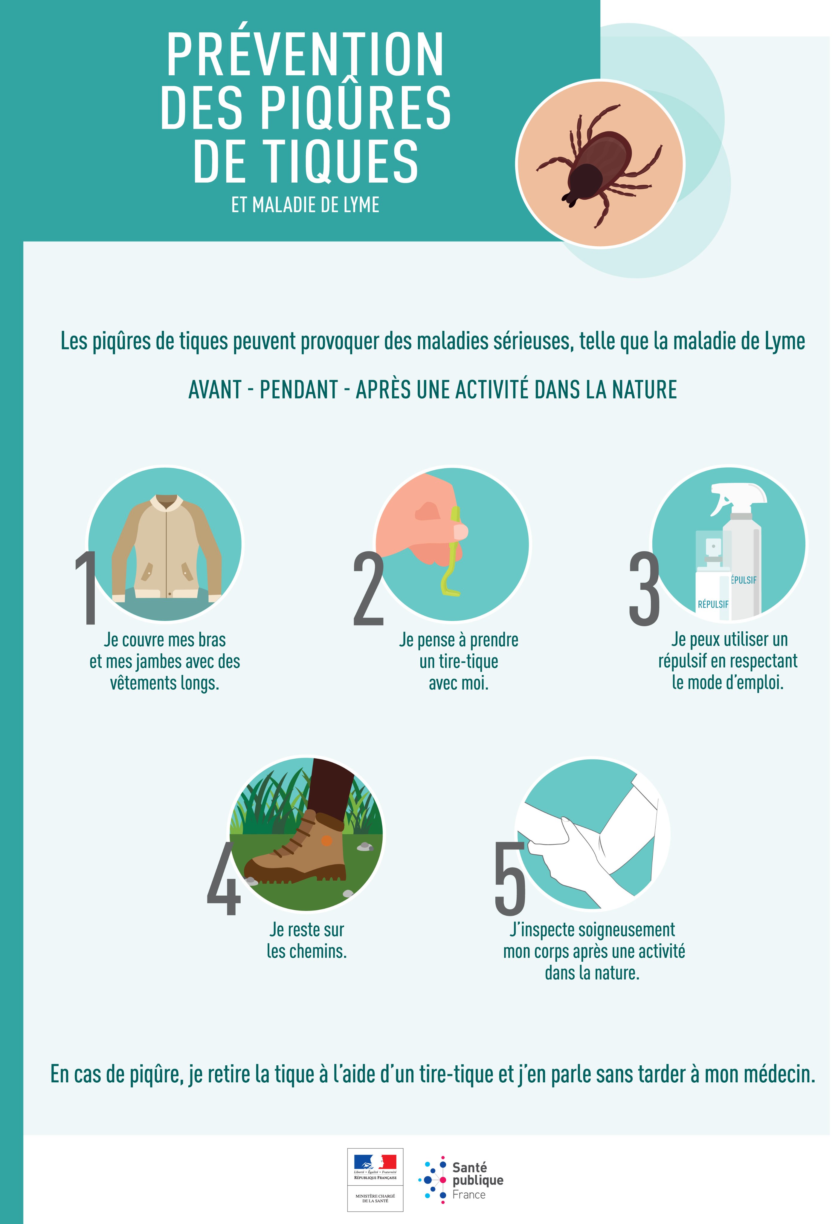 Prévention des piqures de tiques : 1 - je couvre mes bras et mes jambes avec des vêtements 2- je pense à prendre un tire-tiques avant de partir en forêt, 3- je peux utiliser un répulsif, 4- je reste sur les chemins, 5- j'inspecte mon corps au retour de balades et dans les jours qui suivent.